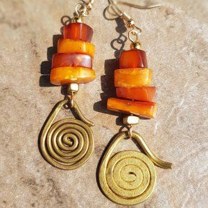 SOLD Tribal Boho Earrings with Amber and Old Masai Turkana Brass Coil Pendants